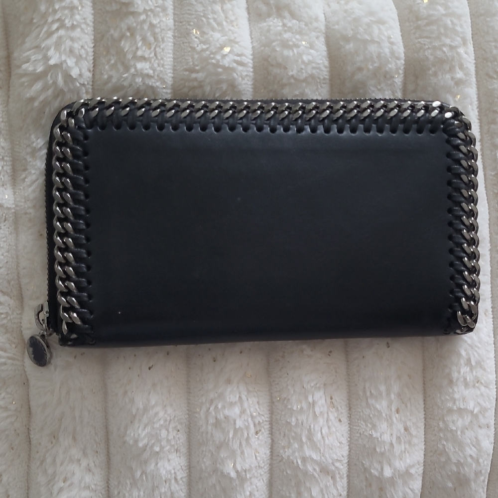 Stella McCartney Black Continental Zip Wallet with Silver Chain Accent
